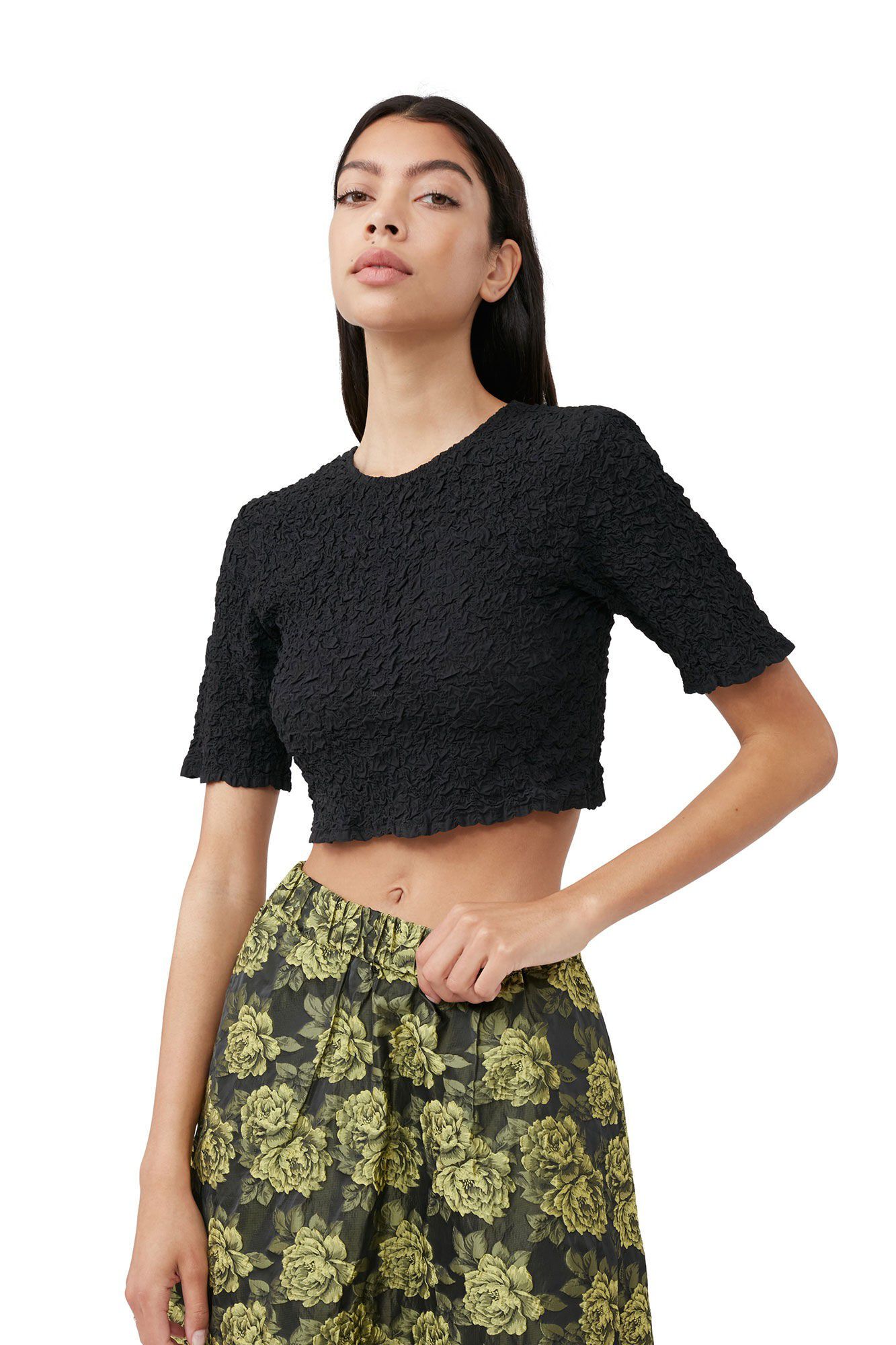 Black Cotton Poplin O-neck Cropped Smock Top