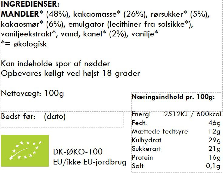 Br&aelig;ndte mandler / kanel / vanilje / r&oslash;rsukker / Ecuador 70% m&oslash;rk choko