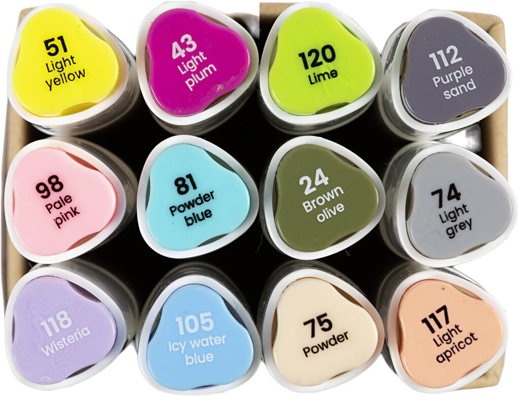 Tegnetusch, streg 1+8 mm, pastelfarver, 12stk.