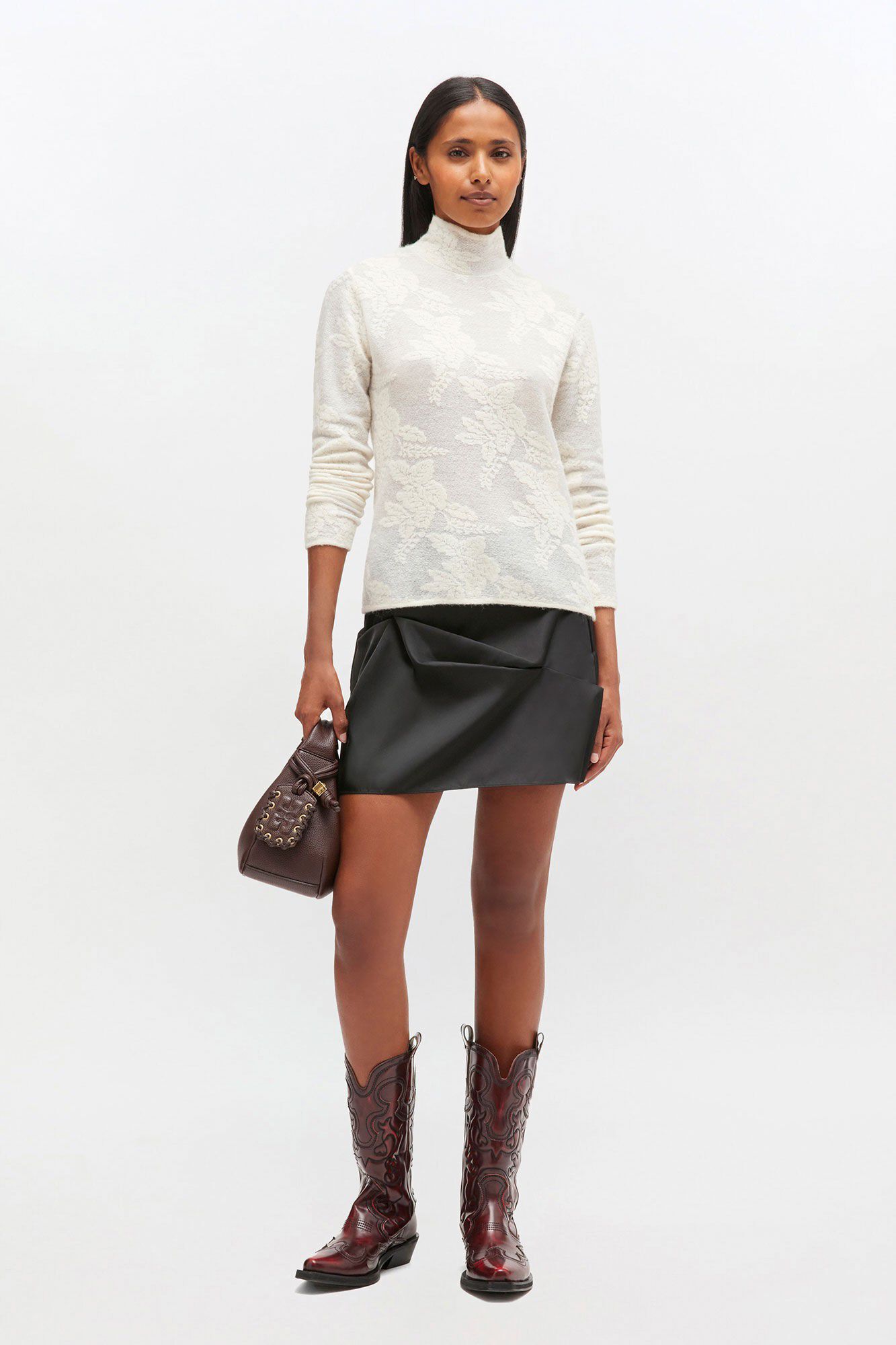 Sheer Flower Jacquard Mockneck