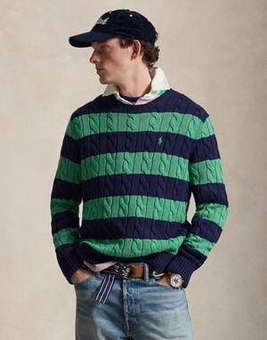 Cable-Knit Striped Cotton Sweater