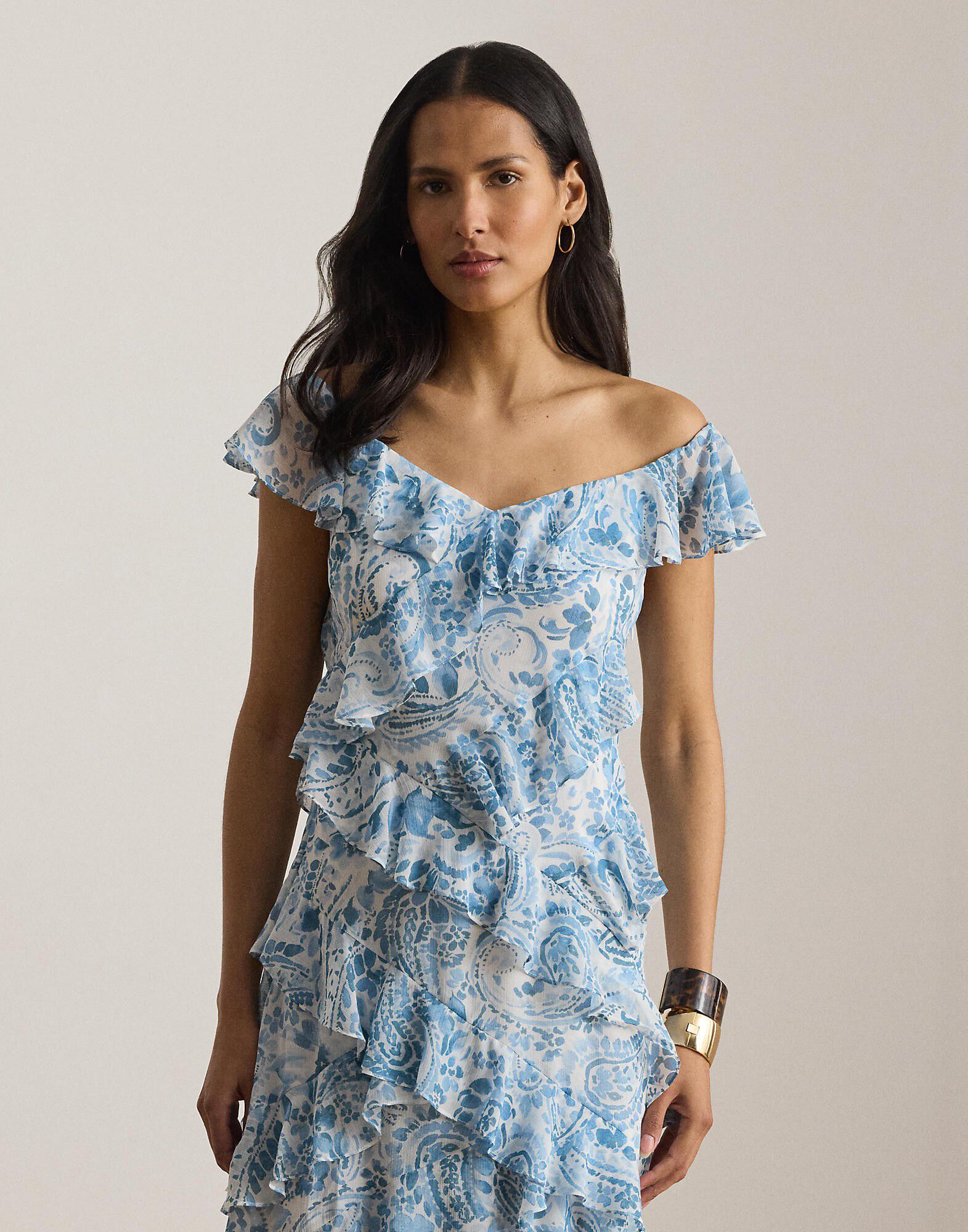 Paisley Ruffle-Trim Cocktail Dress