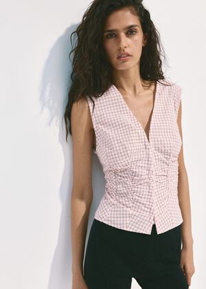 V-neck checked blouse