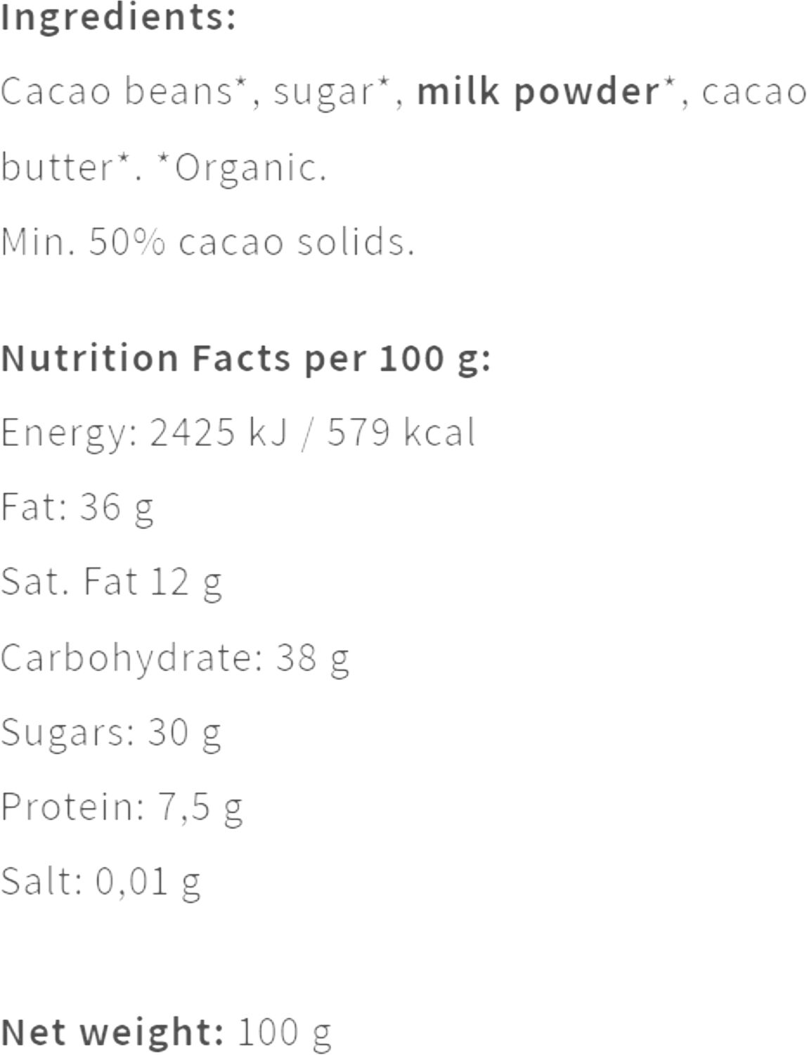 O'Payo Milk 50 %, Nicaragua, Organic