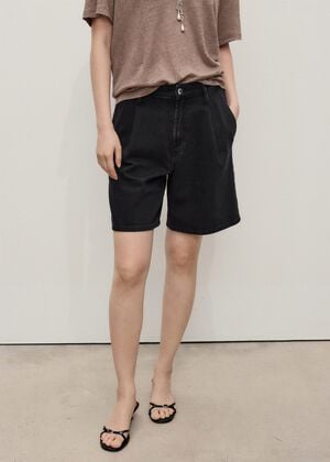Pleated denim Bermuda shorts