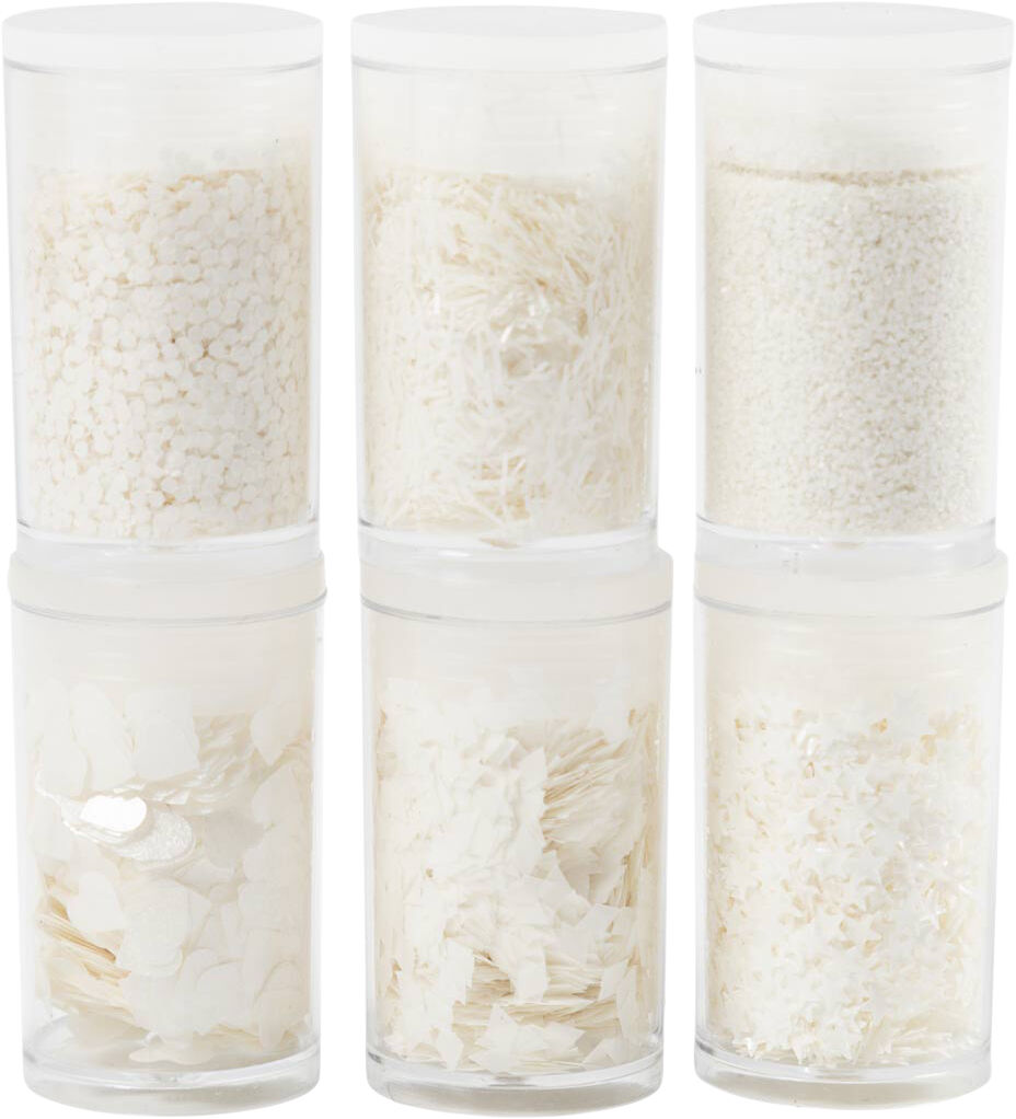 Bio-glimmer & Pailletter, s&oslash;lv, hvid, 6x7ml.