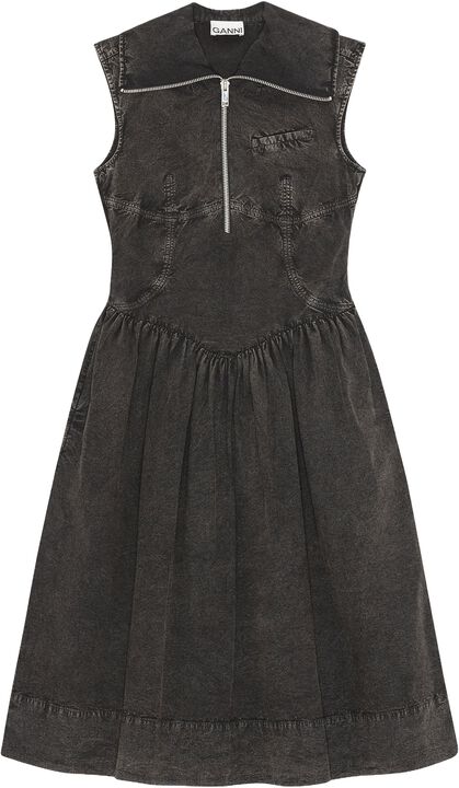 ganni black washed stretch cotton smock midi dress GANNI Black Washed Smock Dress