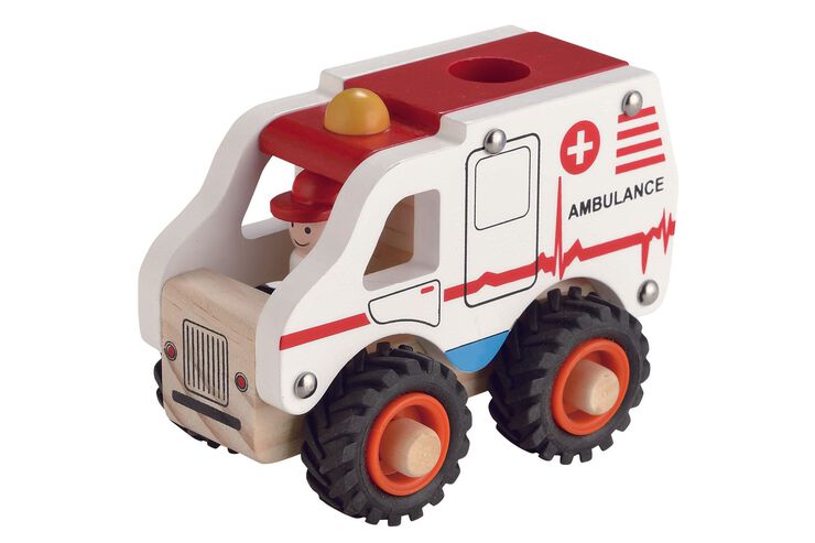 Ambulance i træ med gummihjul