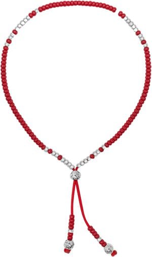 Red Beaded String Bracelet in Silver