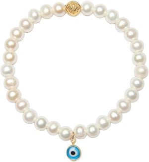 Women's Wristband with White Pearls and Blue Evil Eye Charm