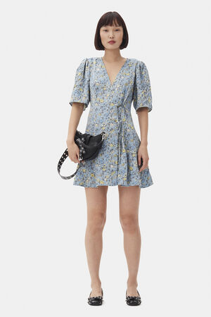 Crinkled Satin Mini Wrap Dress