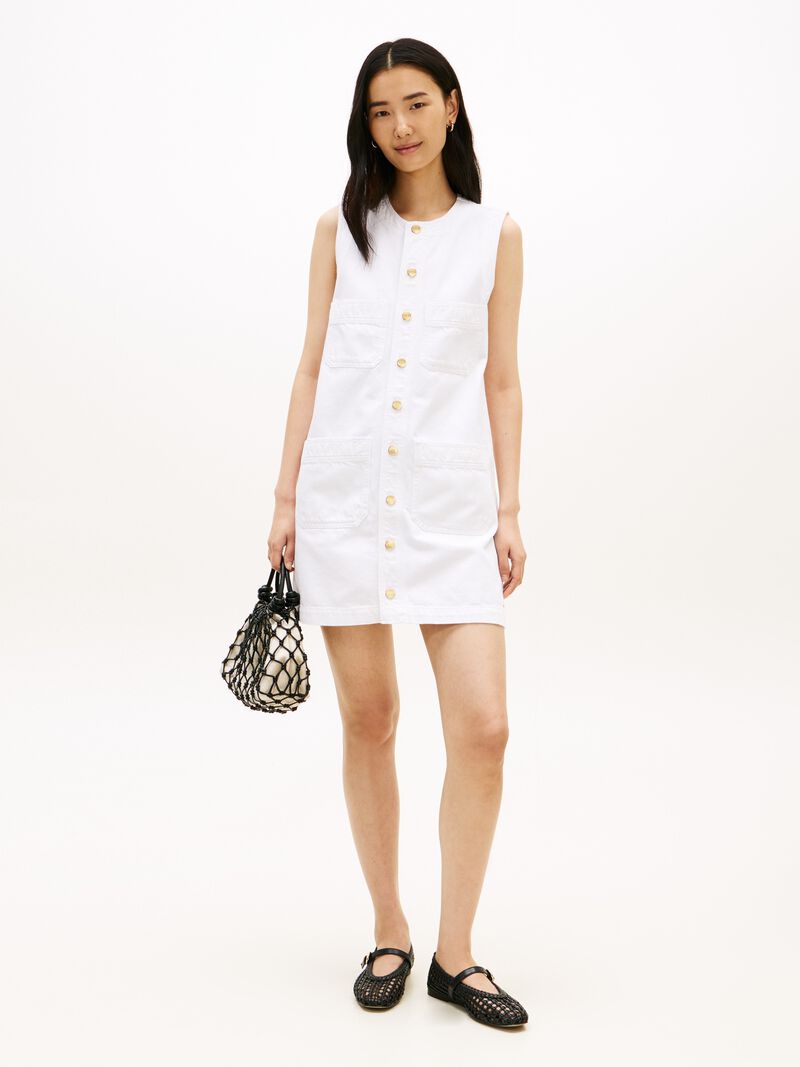 Gold-Tone Button Denim Mini Shift Dress
