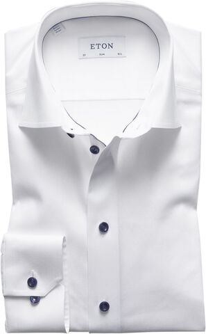 White Twill Shirt  Dark Blue Details - Slim Fit
