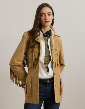 Fringe-Trim Belted Goat-Suede Jacket