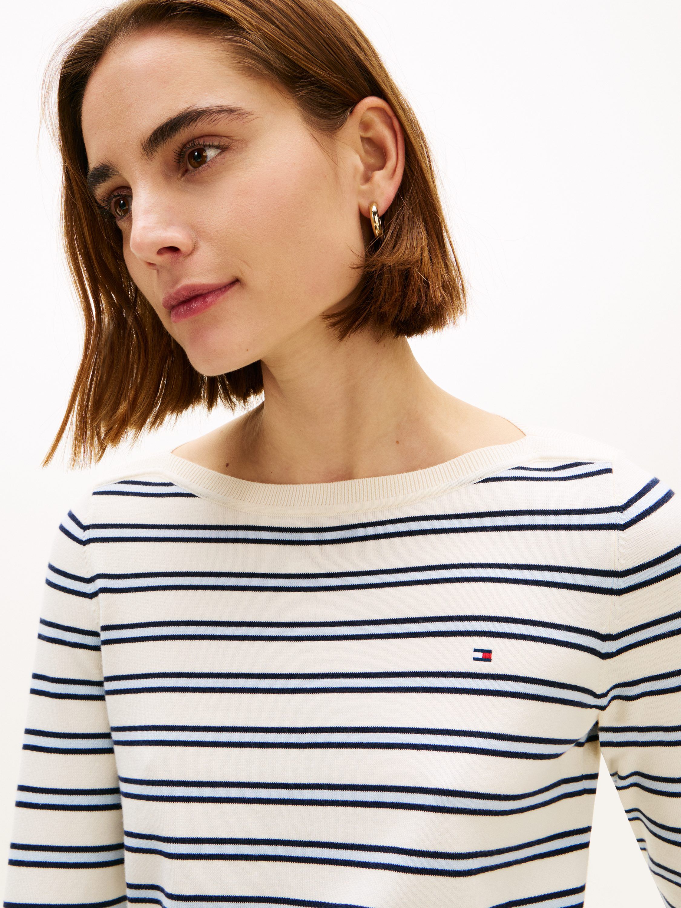 Gold-Tone Button Jersey Boat Neck Jumper