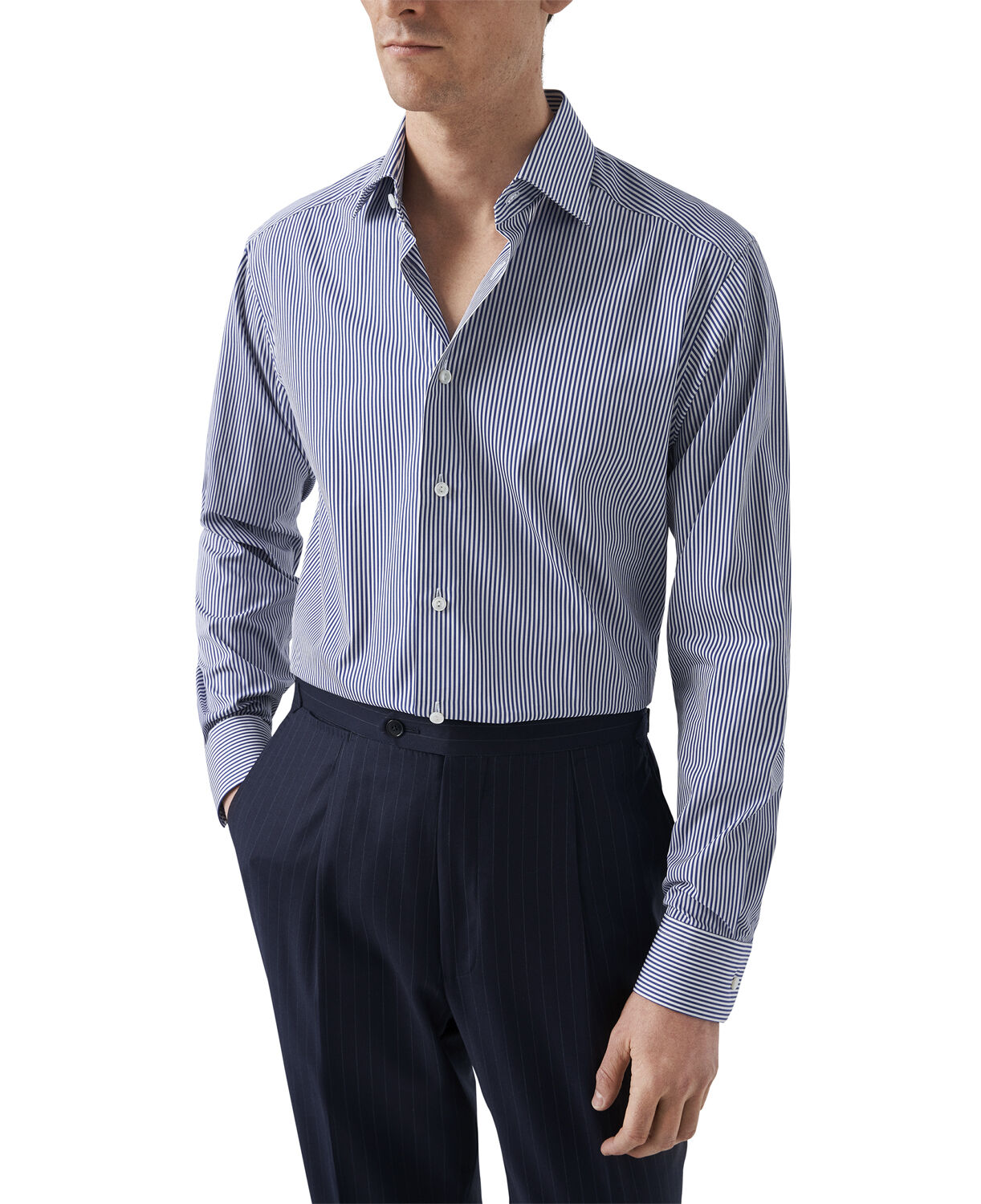 Contemporary Fit Dark Blue Bengal Striped Elevated Poplin Shirt