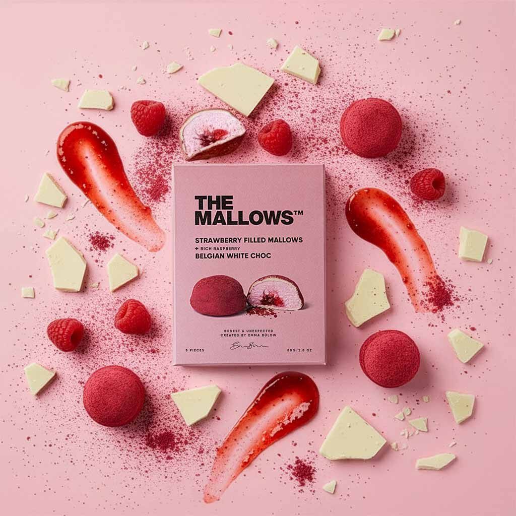 Strawberry Filled Mallows +Rich Raspberry & Belgian White Chocolate
