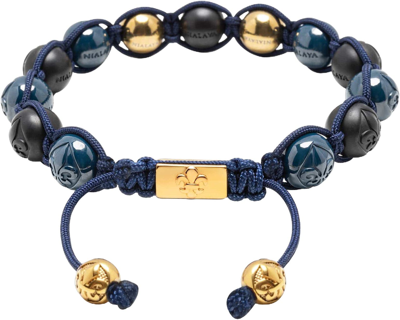Men's Beaded Bracelet with Matte Black, Glossy Blue Ceramic & Gold Bea