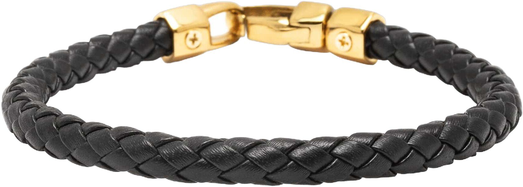 Braided Black Leather Bracelet in Gold