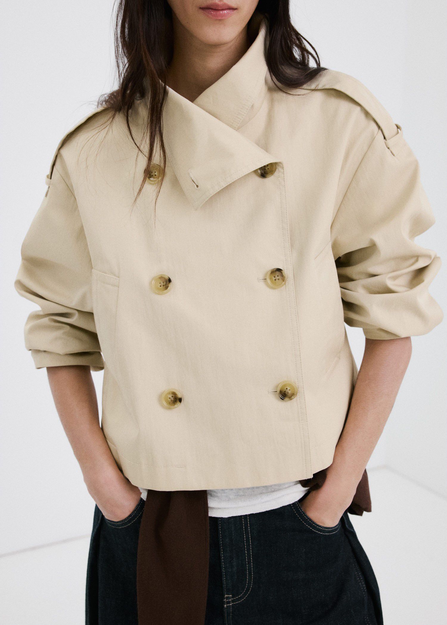 Double-breasted cropped trench coat