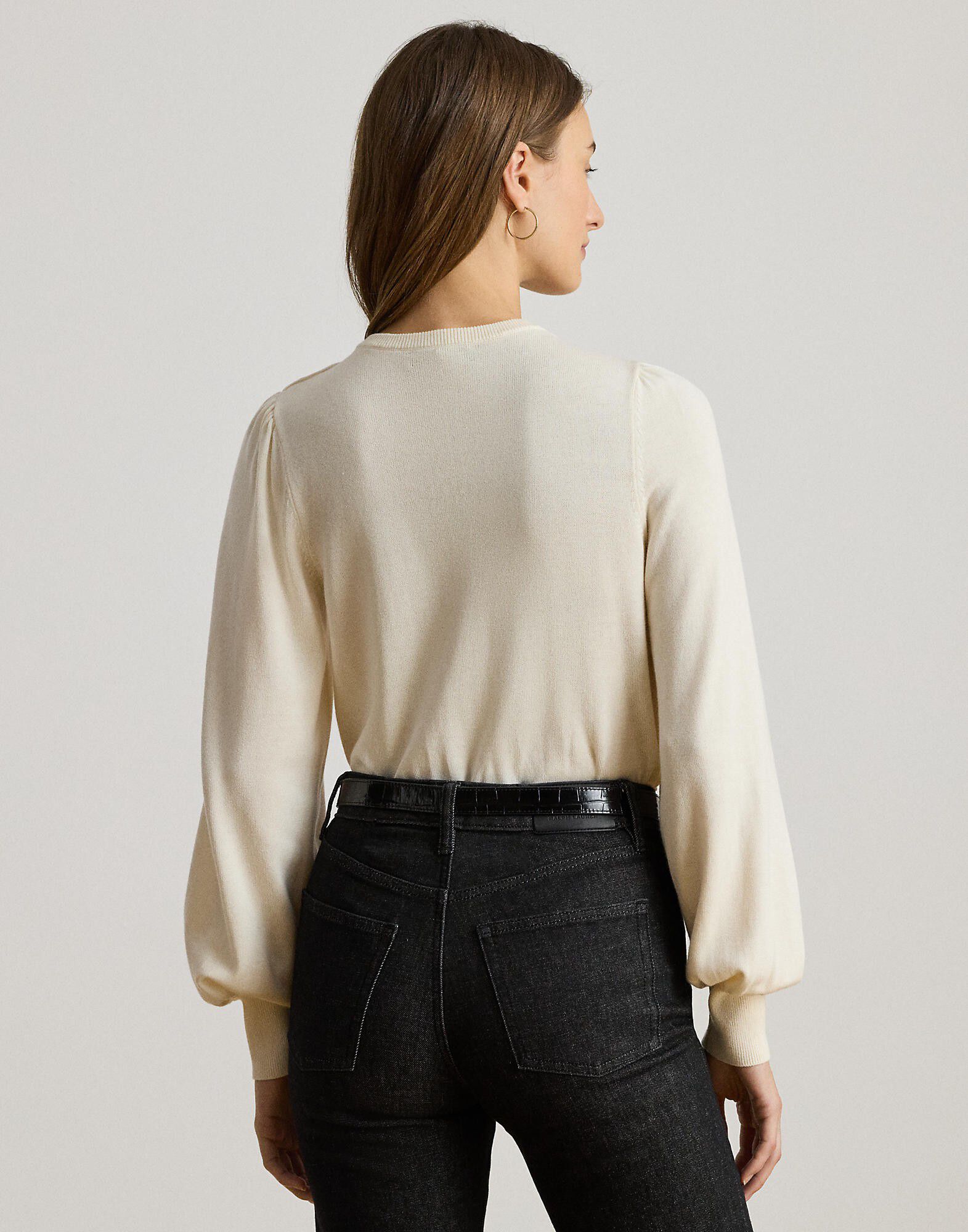 Button-Trim Puff-Sleeve Sweater