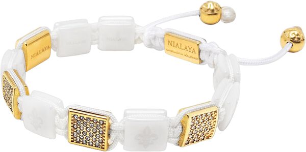 Women's White Ceramic Flatbead Bracelet with Gold CZ