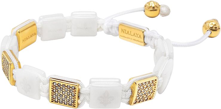 Women's White Ceramic Flatbead Bracelet with Gold CZ
