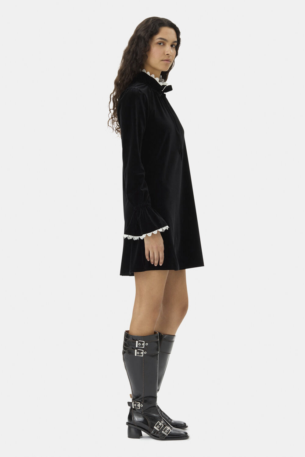 【GANNI】VELVET JERSEY MINI DRESS Black Black Velvet Jersey Gathered Mini Dress | GANNI US