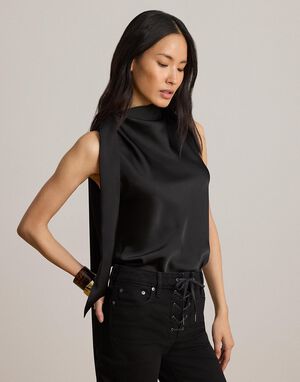 Tie-Neck Charmeuse Sleeveless Blouse