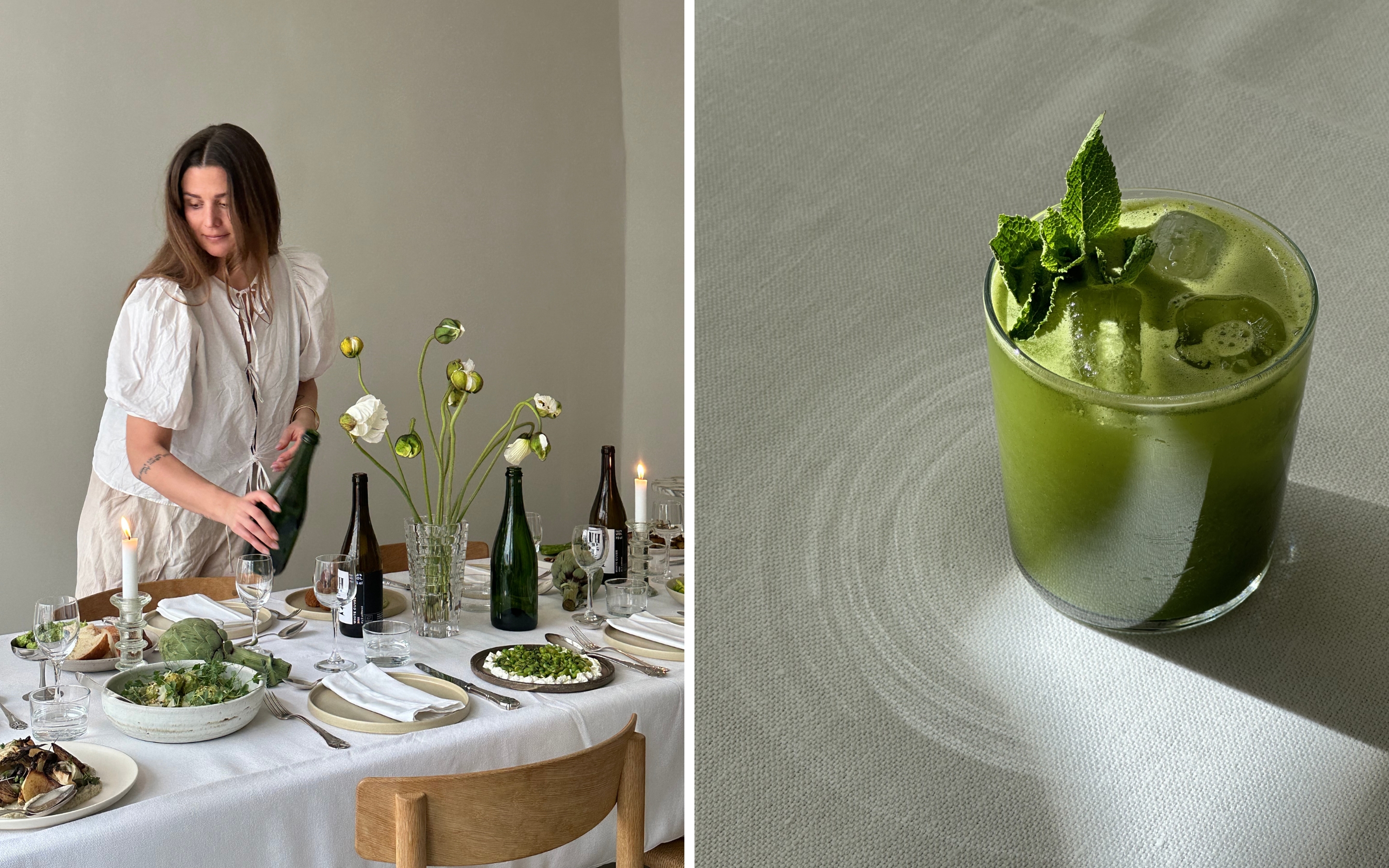 kollage med kvinde og grøn drink med mynte