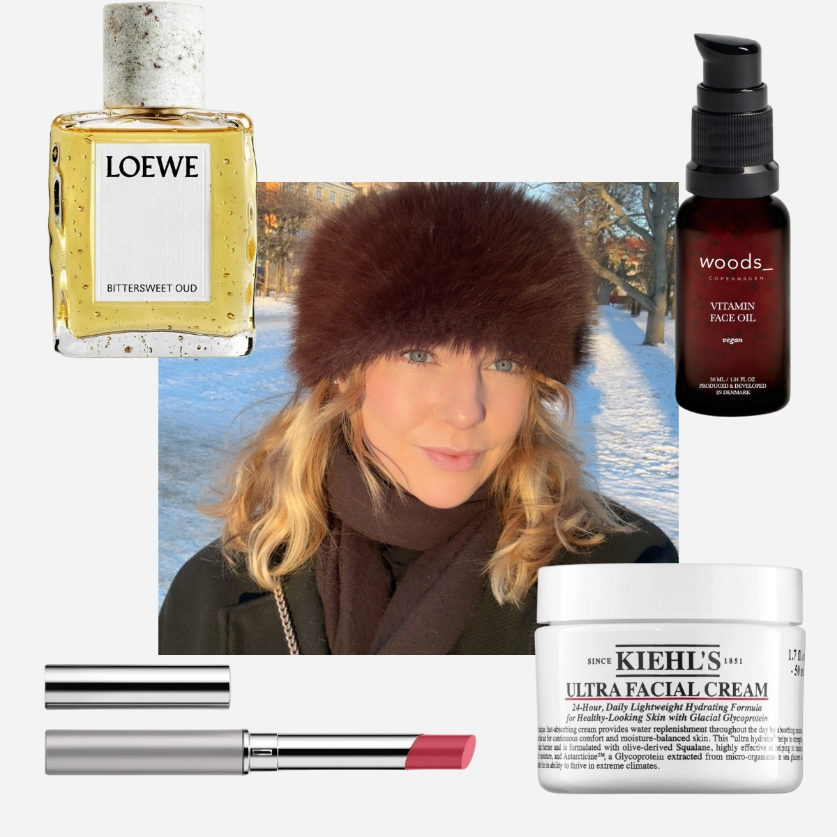 kollage med sk&oslash;nhedsprodukter