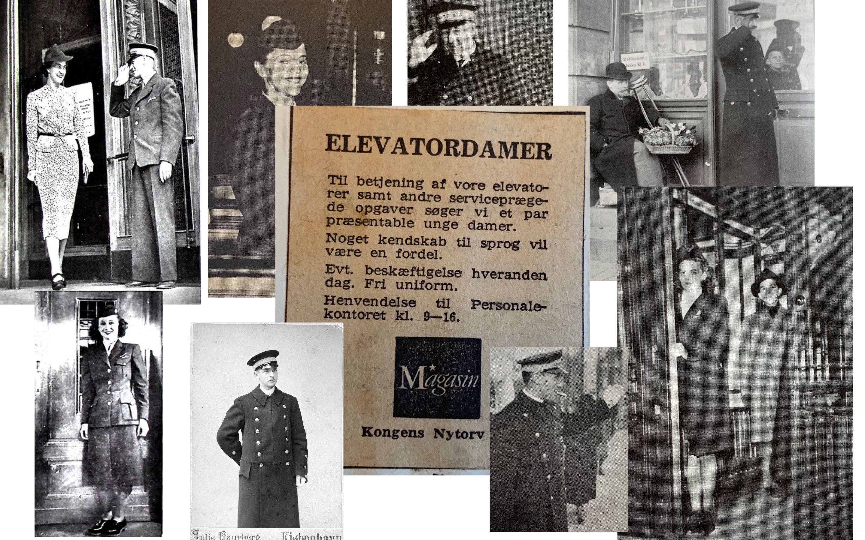 gammelt billede fra arkiv med portiere og elevatorpiger