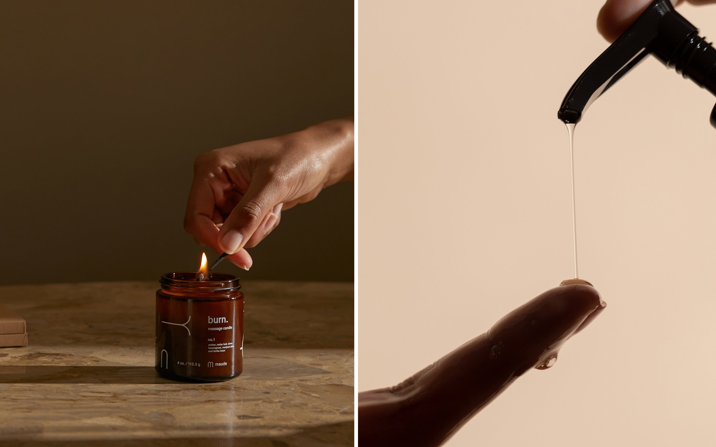 kollage med massagelys og olie