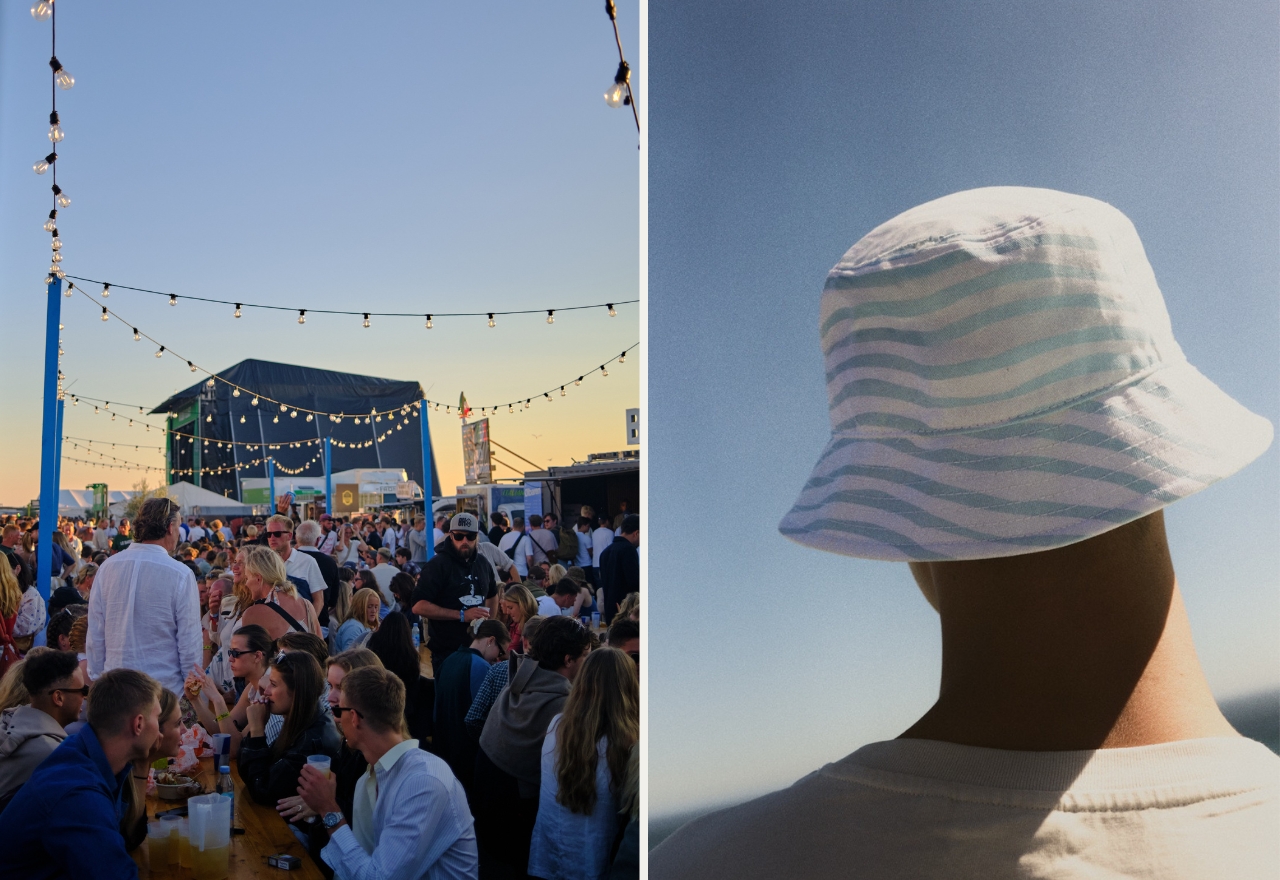 kollage med festivalplads og mand med bøllehat