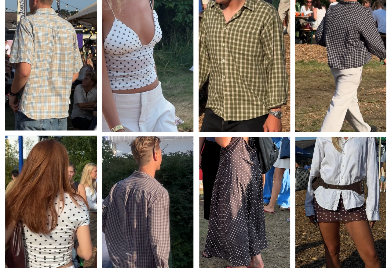 Billeder af unge kvinder og mænd iført outfits med tern og prikker