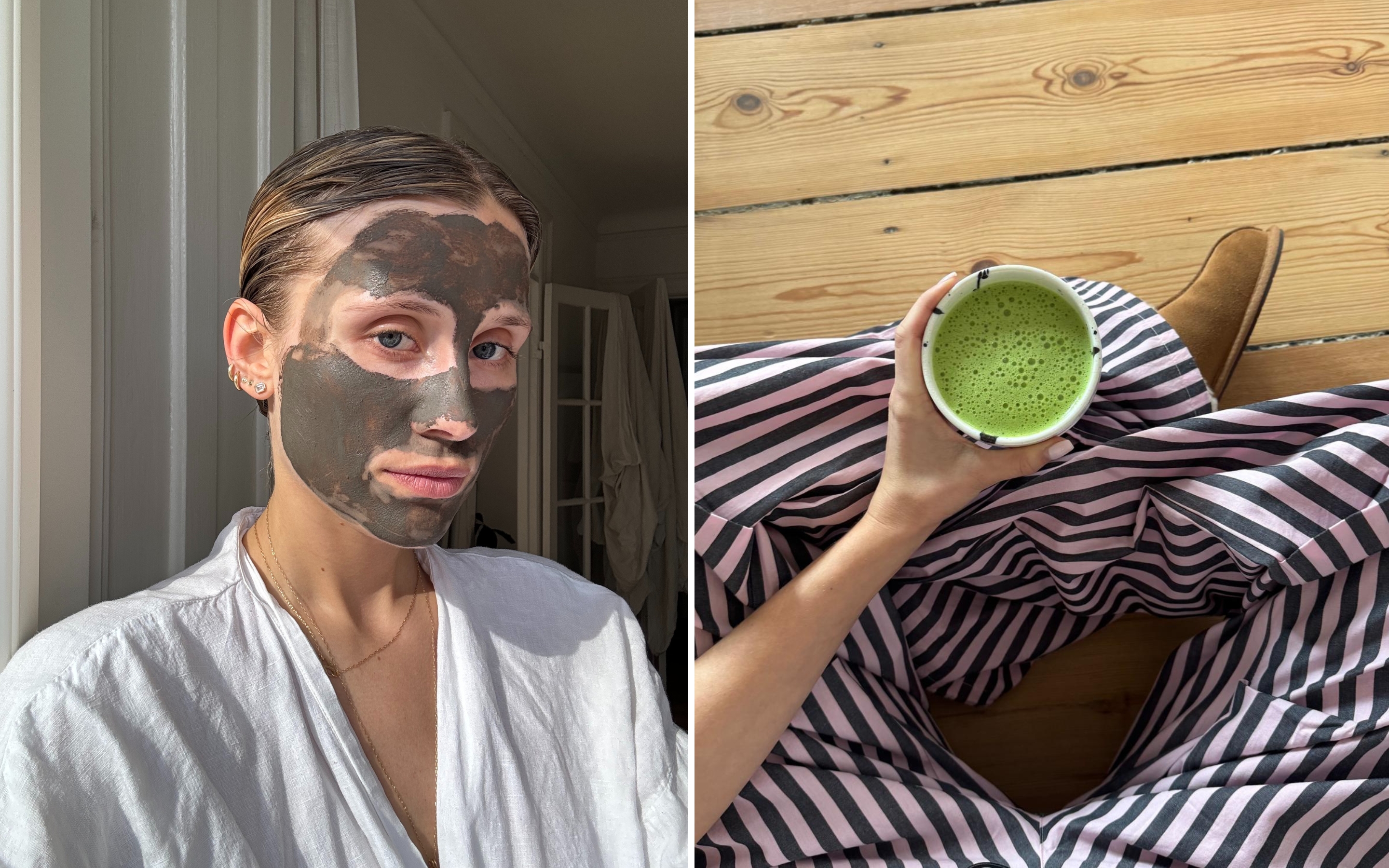 kvinde med ansigtsmaske på holder matcha