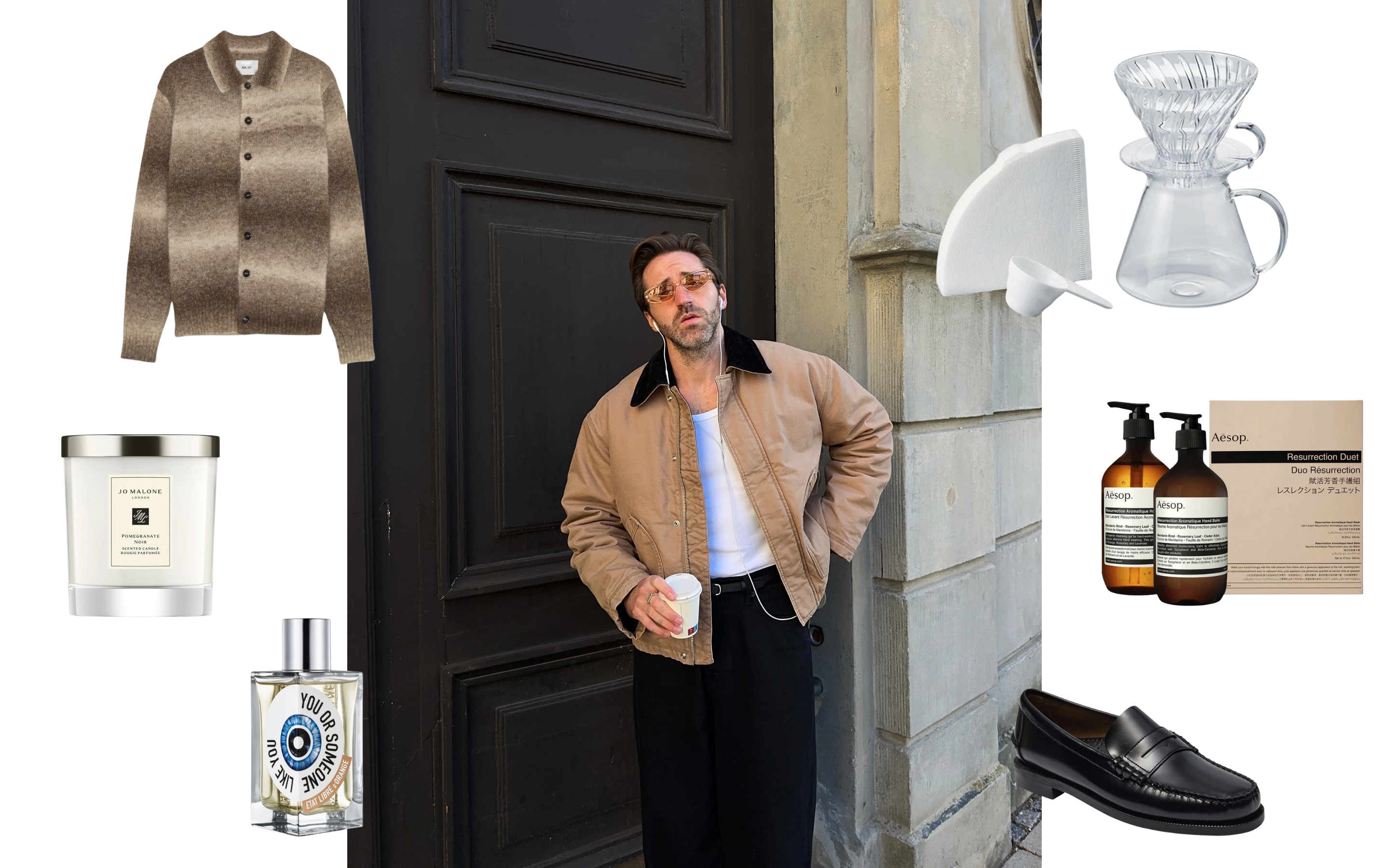 Kollage med mand og produkter