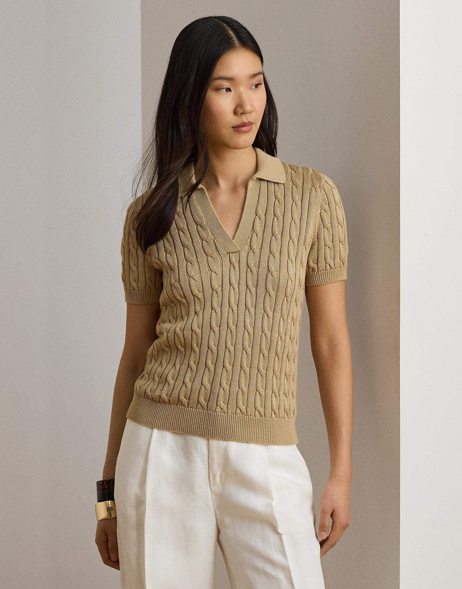 Cable Cottonblend Short-sleeve Sweater