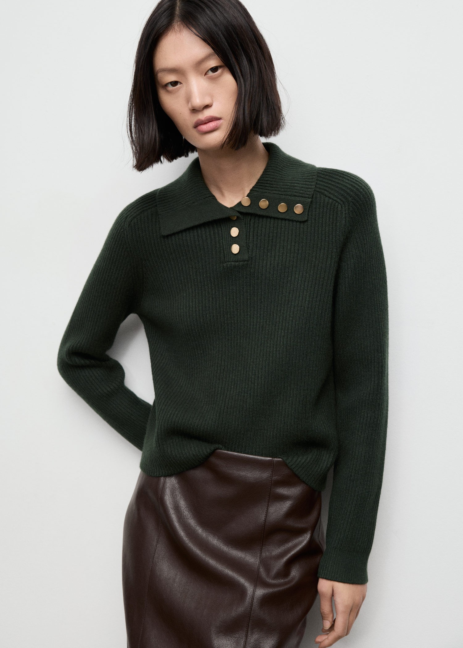 Ribbed Poloneck Sweater With Butto