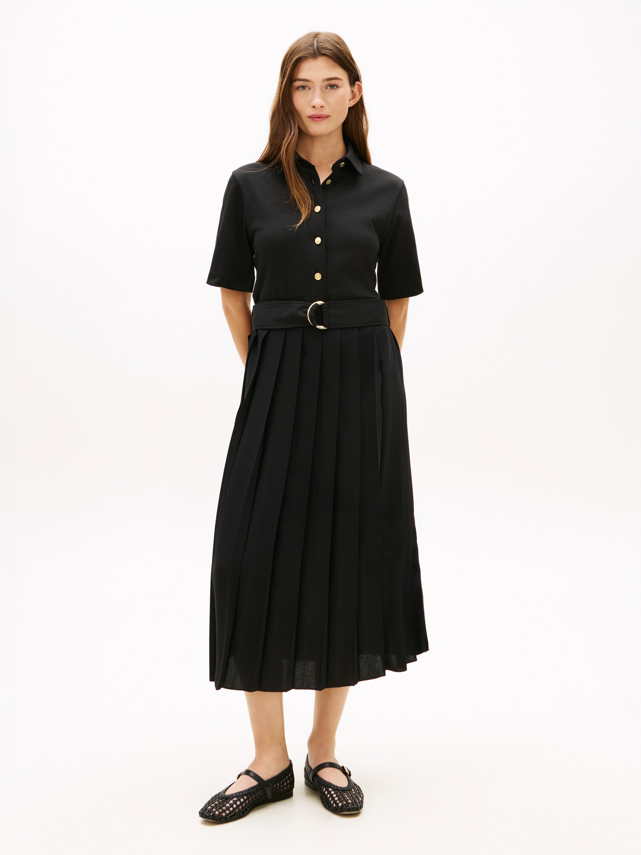 Goldtone Button Midi Shirt Dress