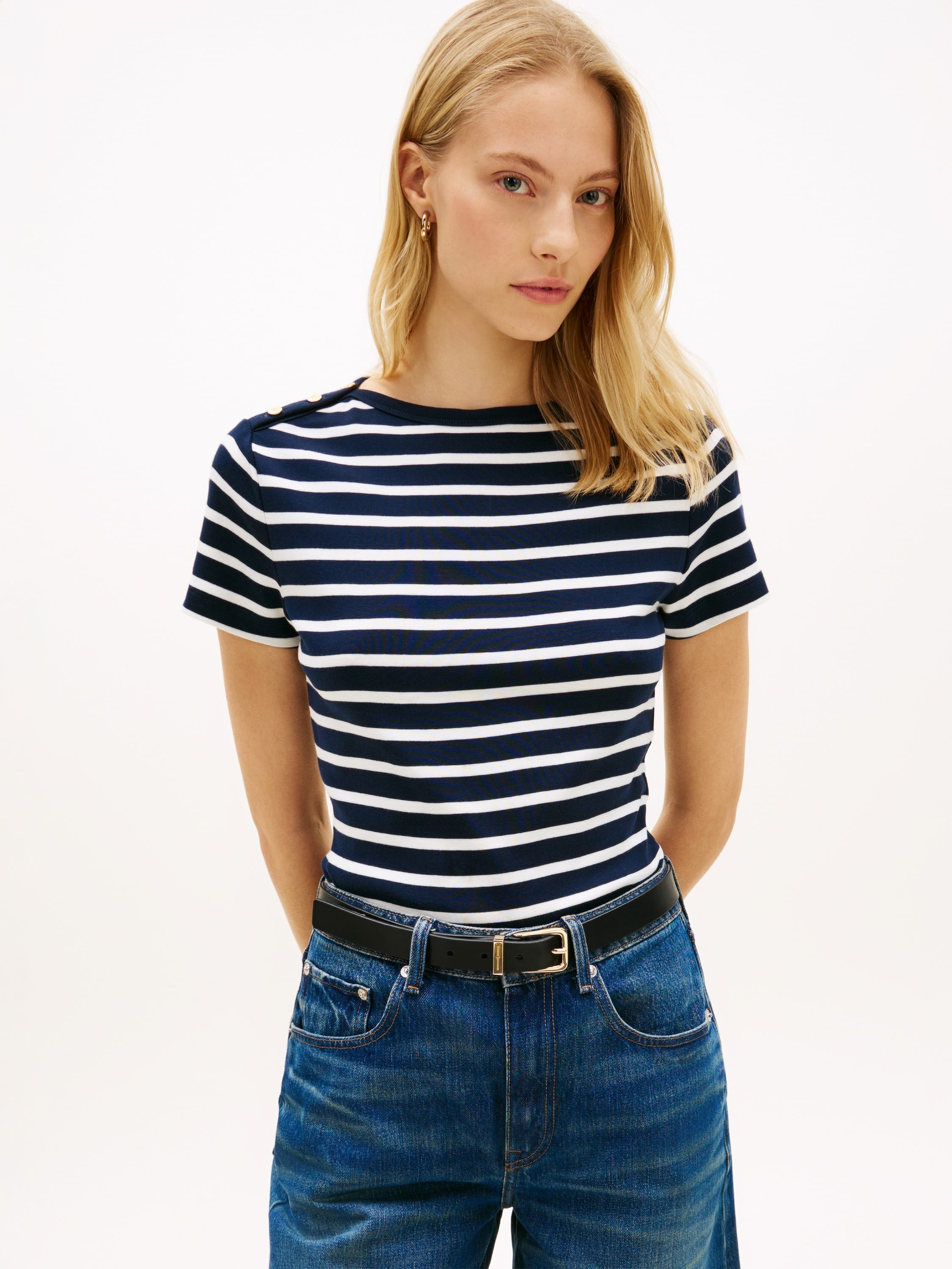 Goldtone Button Slim Boat Neck T-shirt