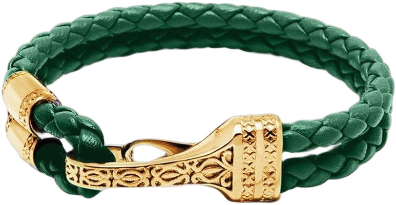 Men&# ; Green Leather Bracelet With Gold Plated Bali Clasp Lock