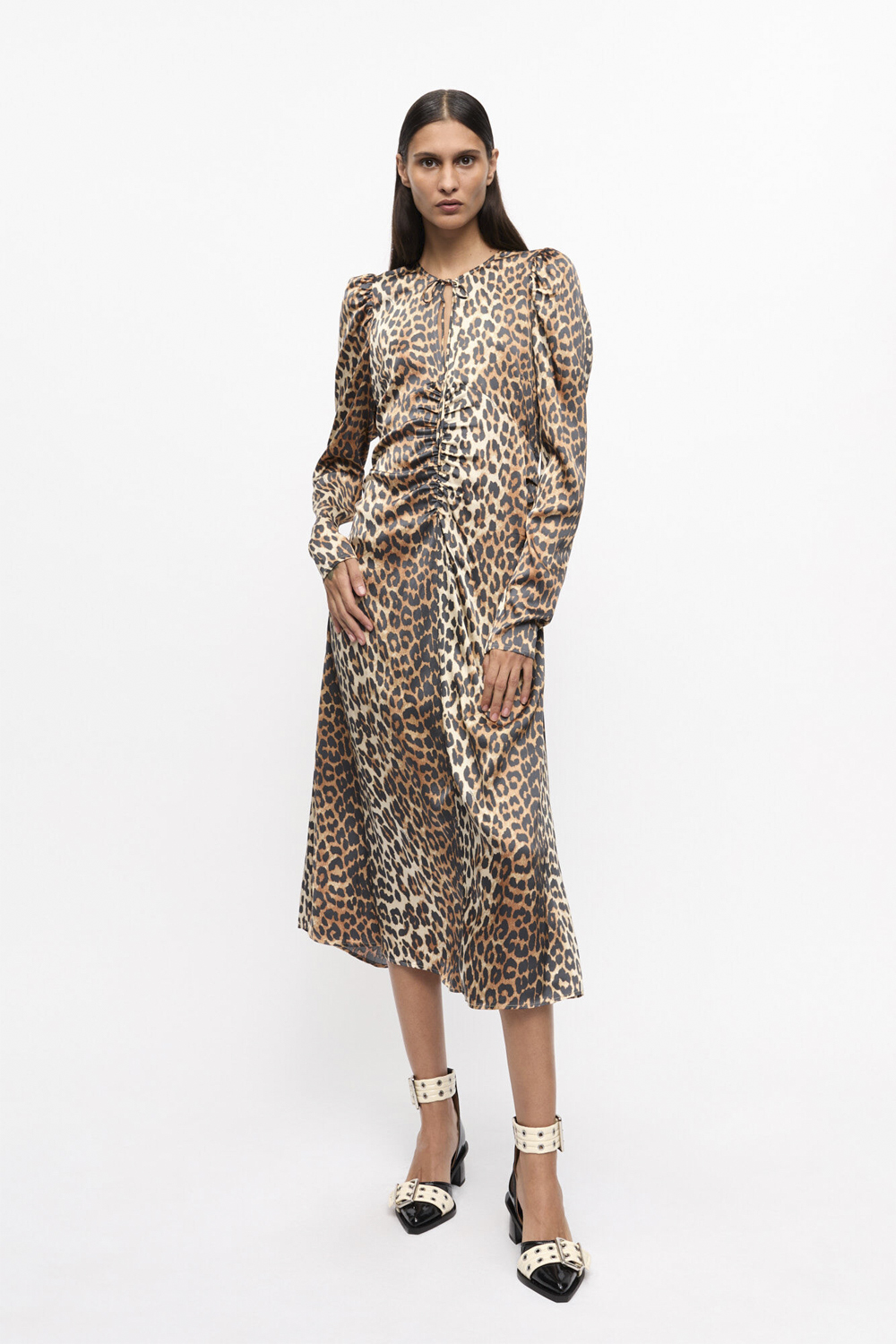 Printed Satin Ruched Midi Dress