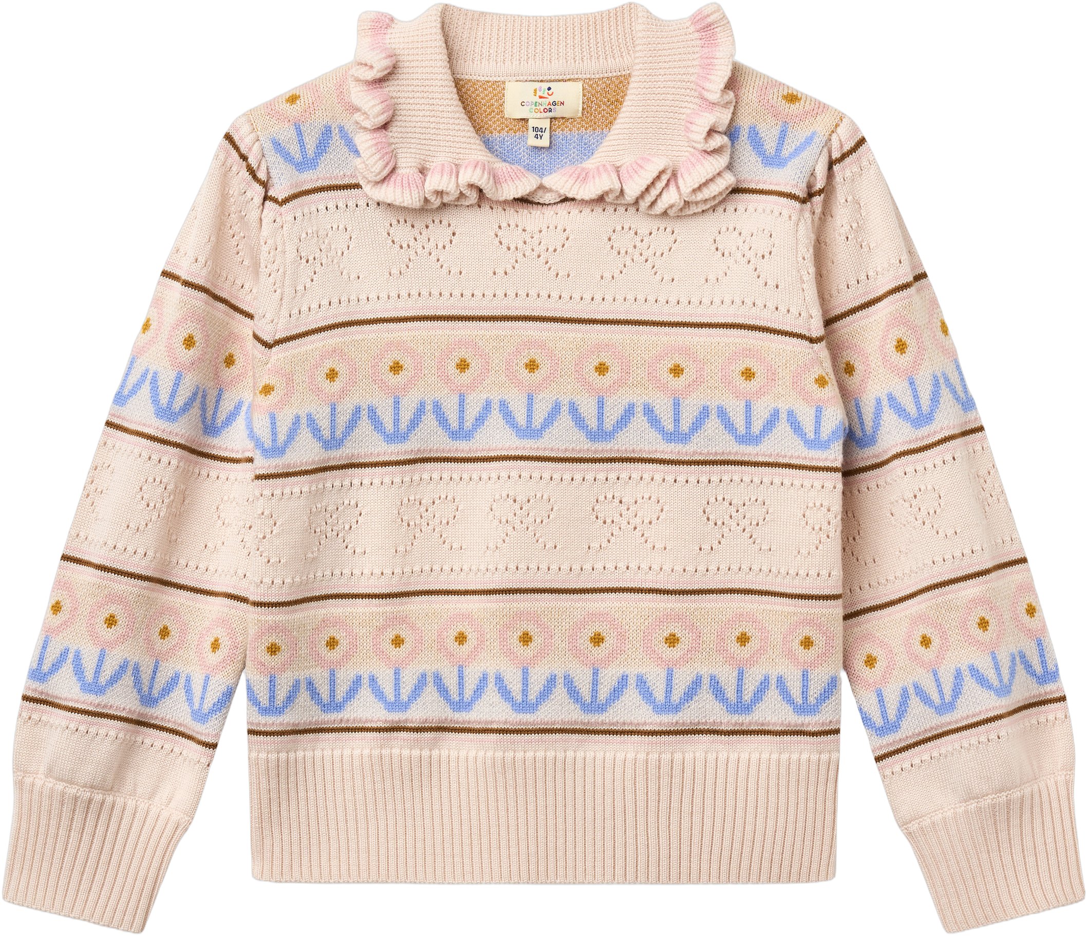Knitted Collar Blouse w. Pointelle & Pattern