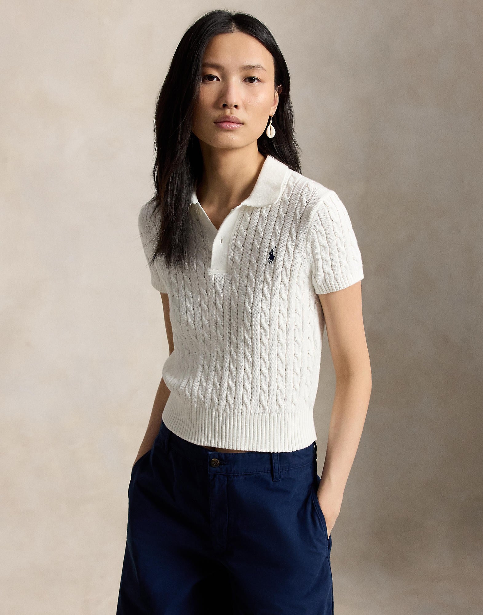 Cableknit Cotton Cropped Polo Shirt