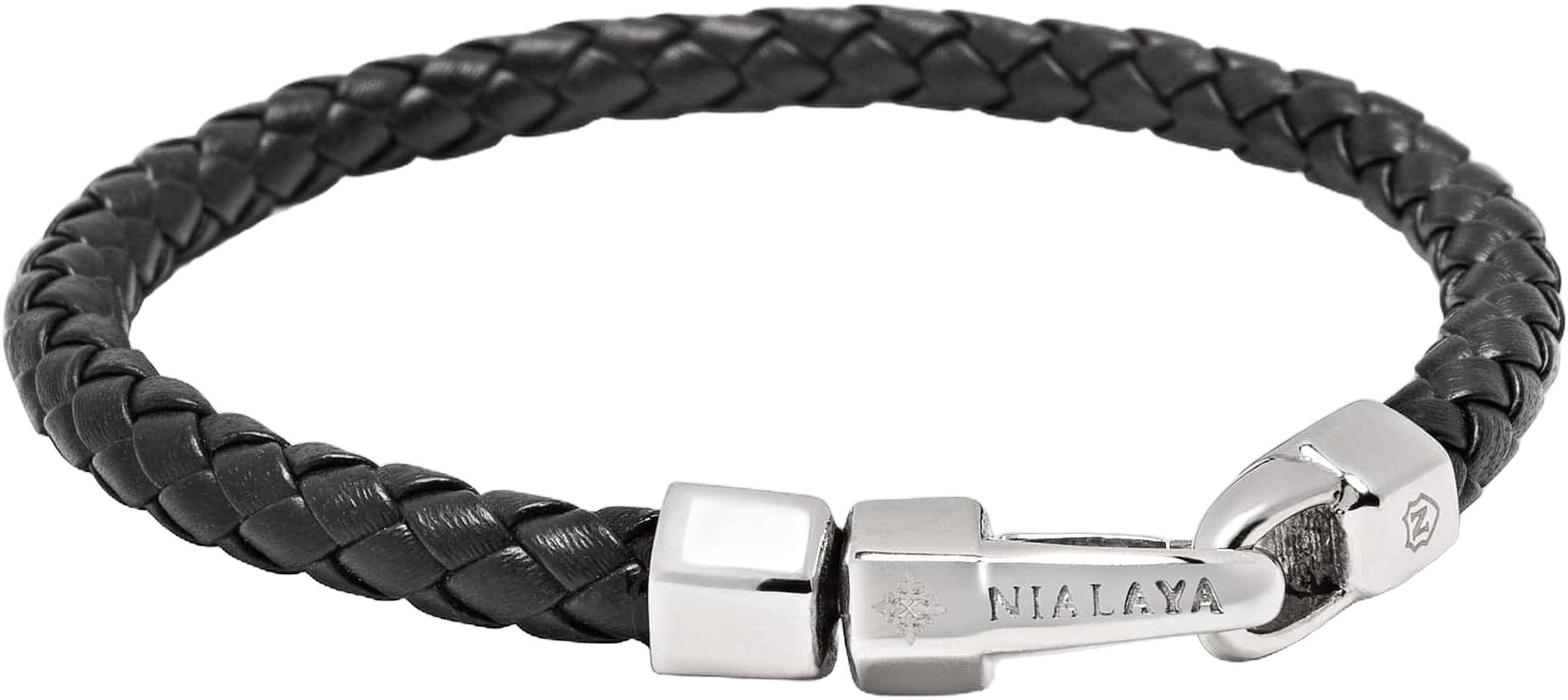 Braided Black Leather Bracelet in Silver
