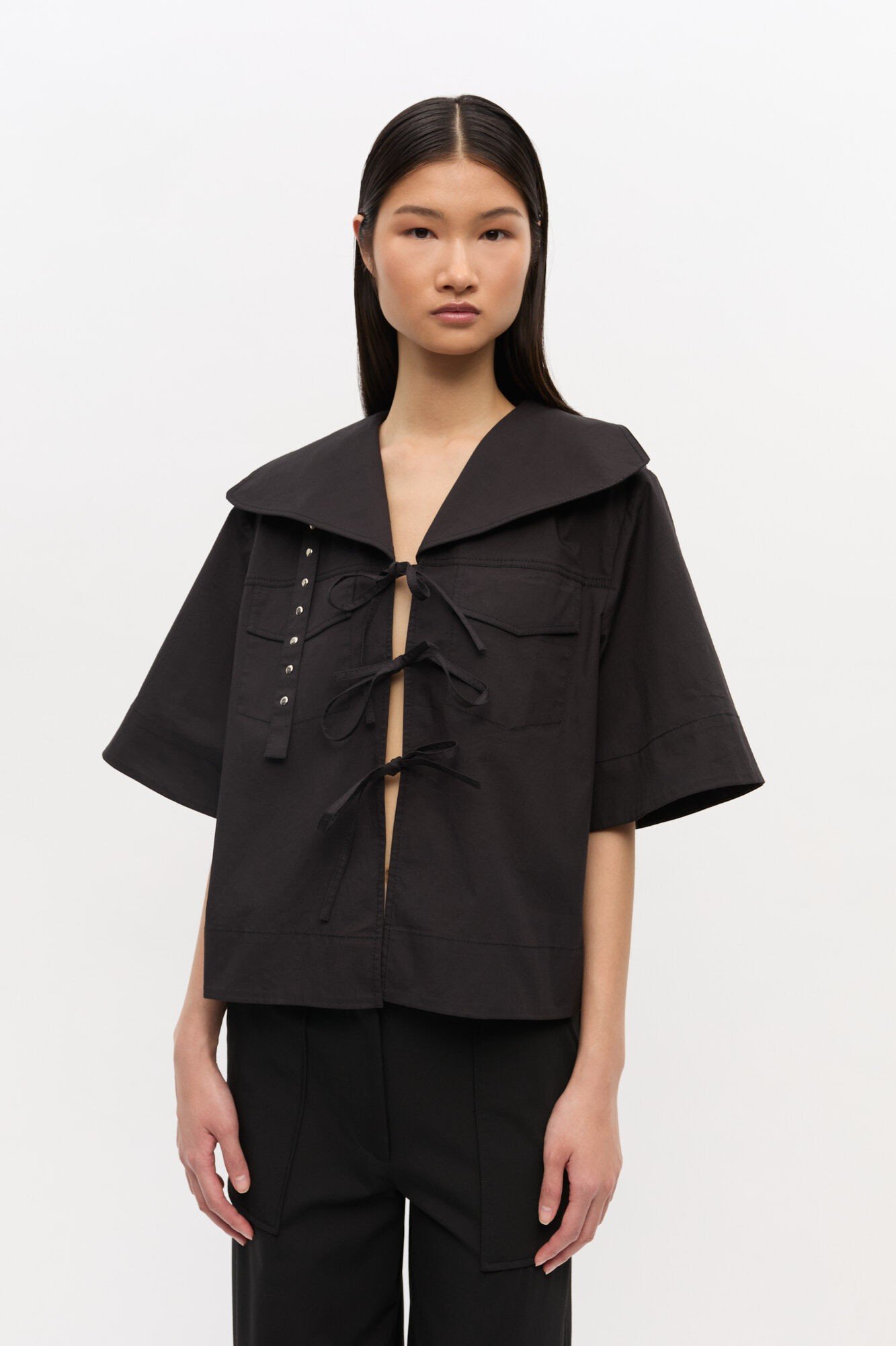 Stretch Cotton Cowl Neck Blouse