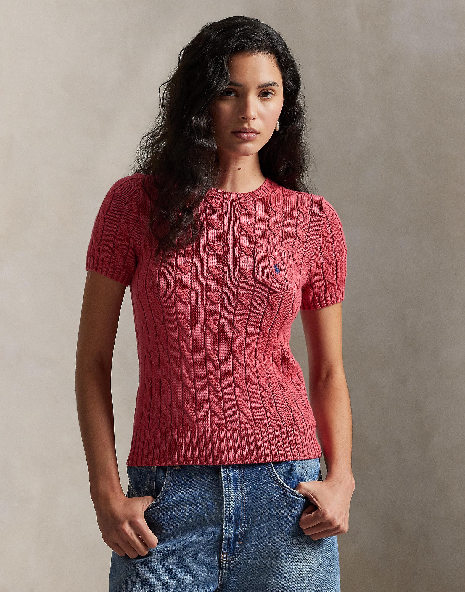 Cableknit Cotton Short-sleeve Sweater