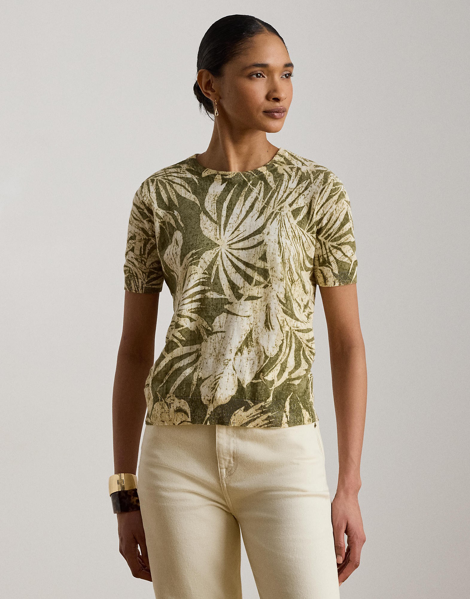 Palmfrond-print Short-sleeve Sweater