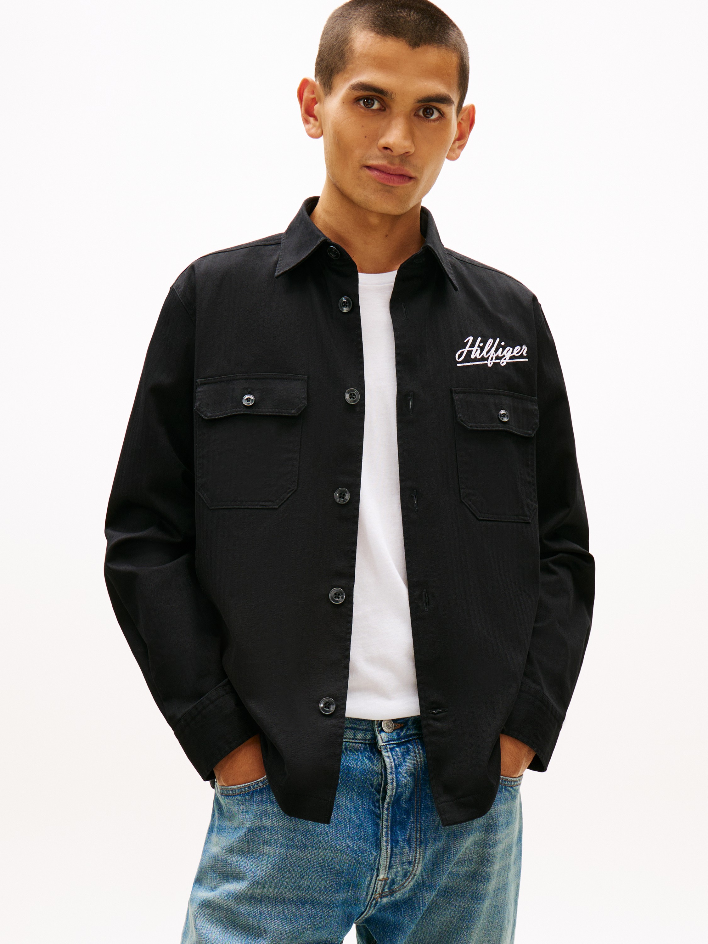 Back Logo Herringbone Relaxed Fit Overshirt